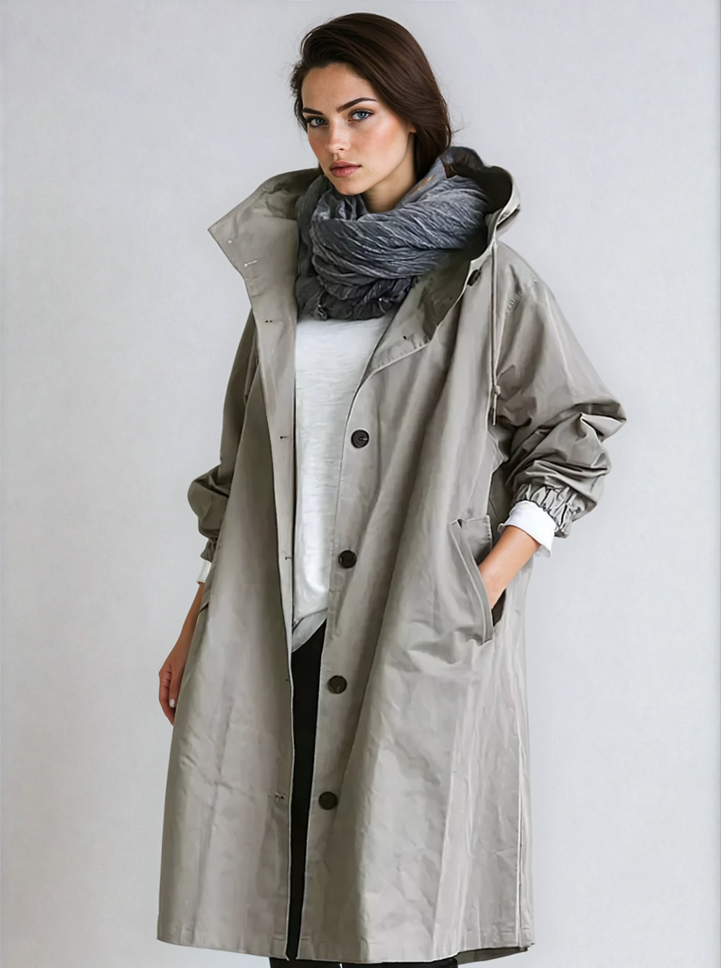 Płaszcz damski z kapturem | Długa kurtka przeciwdeszczowa z guzikami