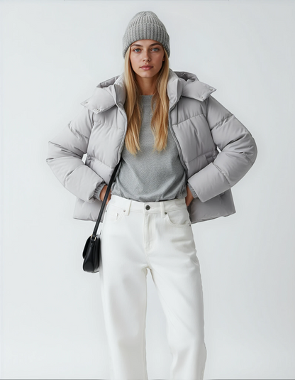 Kurtka Puchowa Damska | Oversize z Kapturem i Pikowanym Wzorem