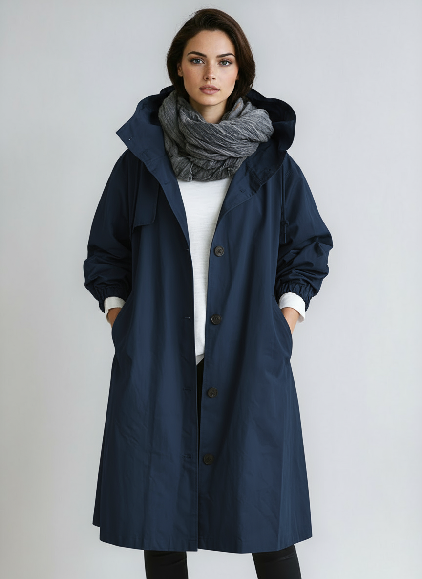 Płaszcz damski z kapturem | Długa kurtka przeciwdeszczowa z guzikami