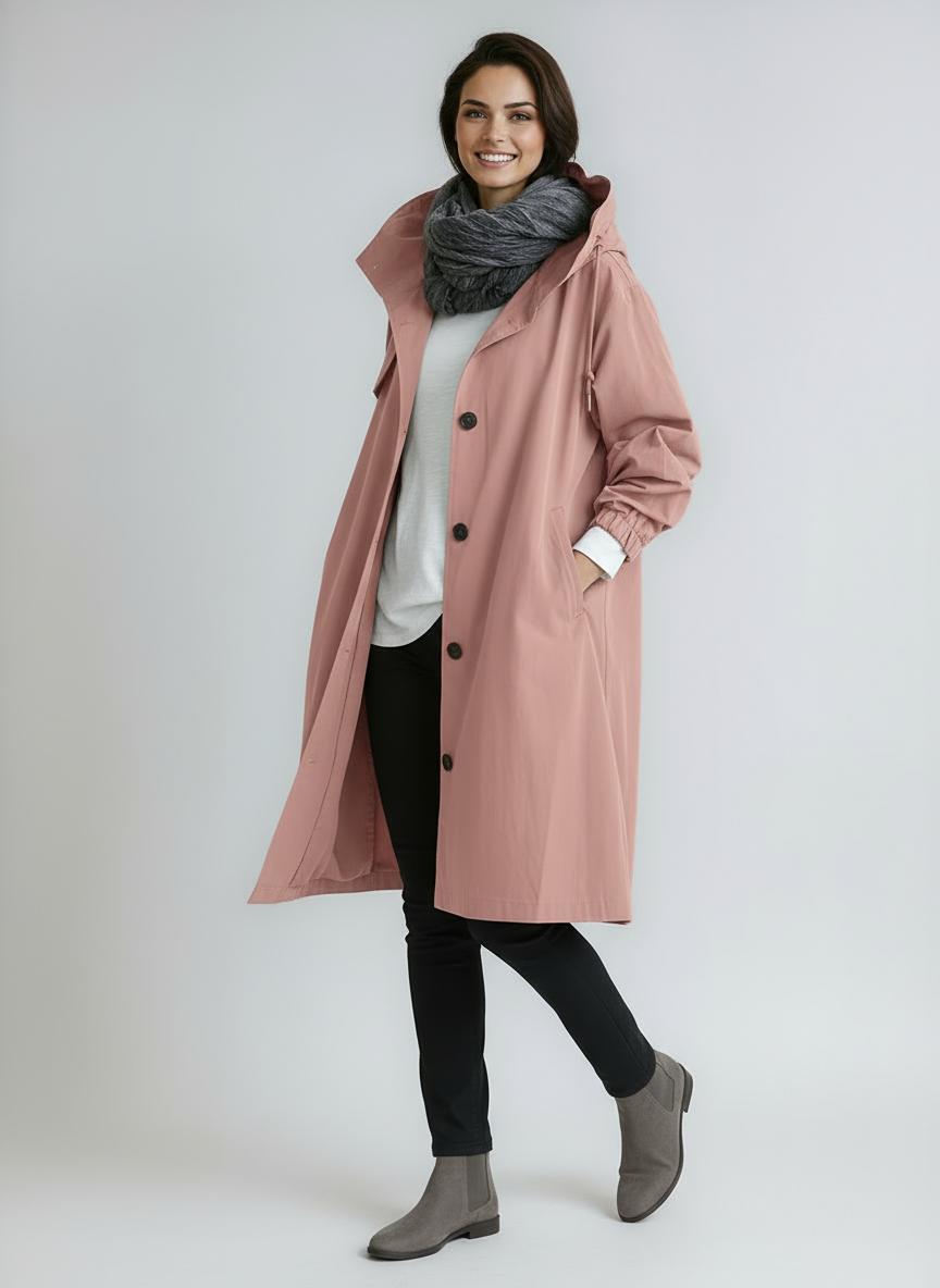 Płaszcz damski z kapturem | Długa kurtka przeciwdeszczowa z guzikami