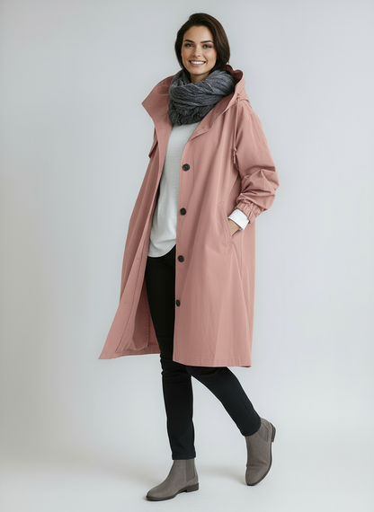 Płaszcz damski z kapturem | Długa kurtka przeciwdeszczowa z guzikami