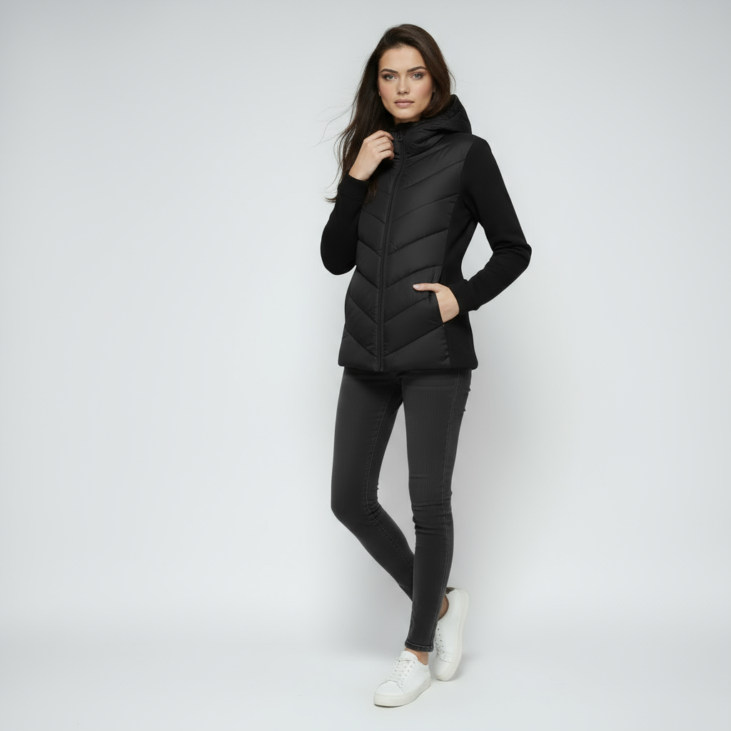 Kurtka damska pikowana z kapturem i zamkiem błyskawicznym