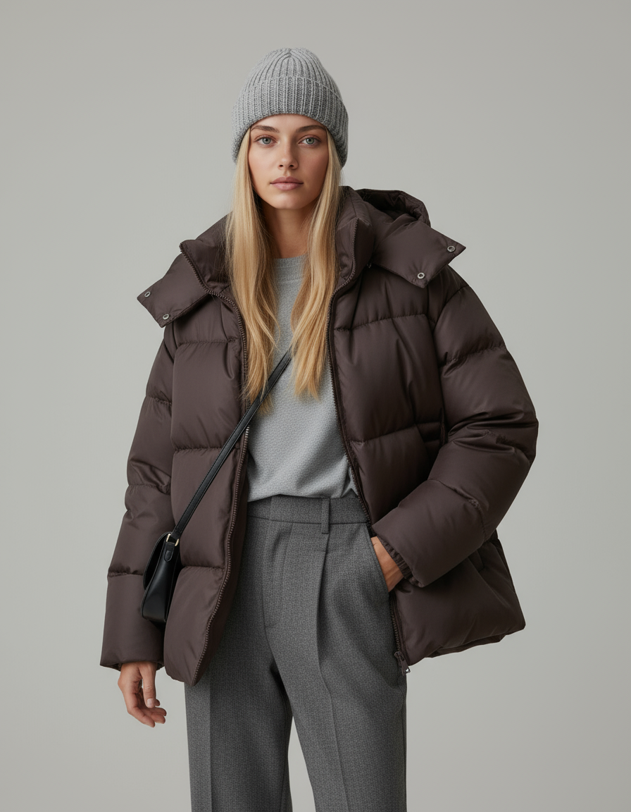 Kurtka Puchowa Damska | Oversize z Kapturem i Pikowanym Wzorem