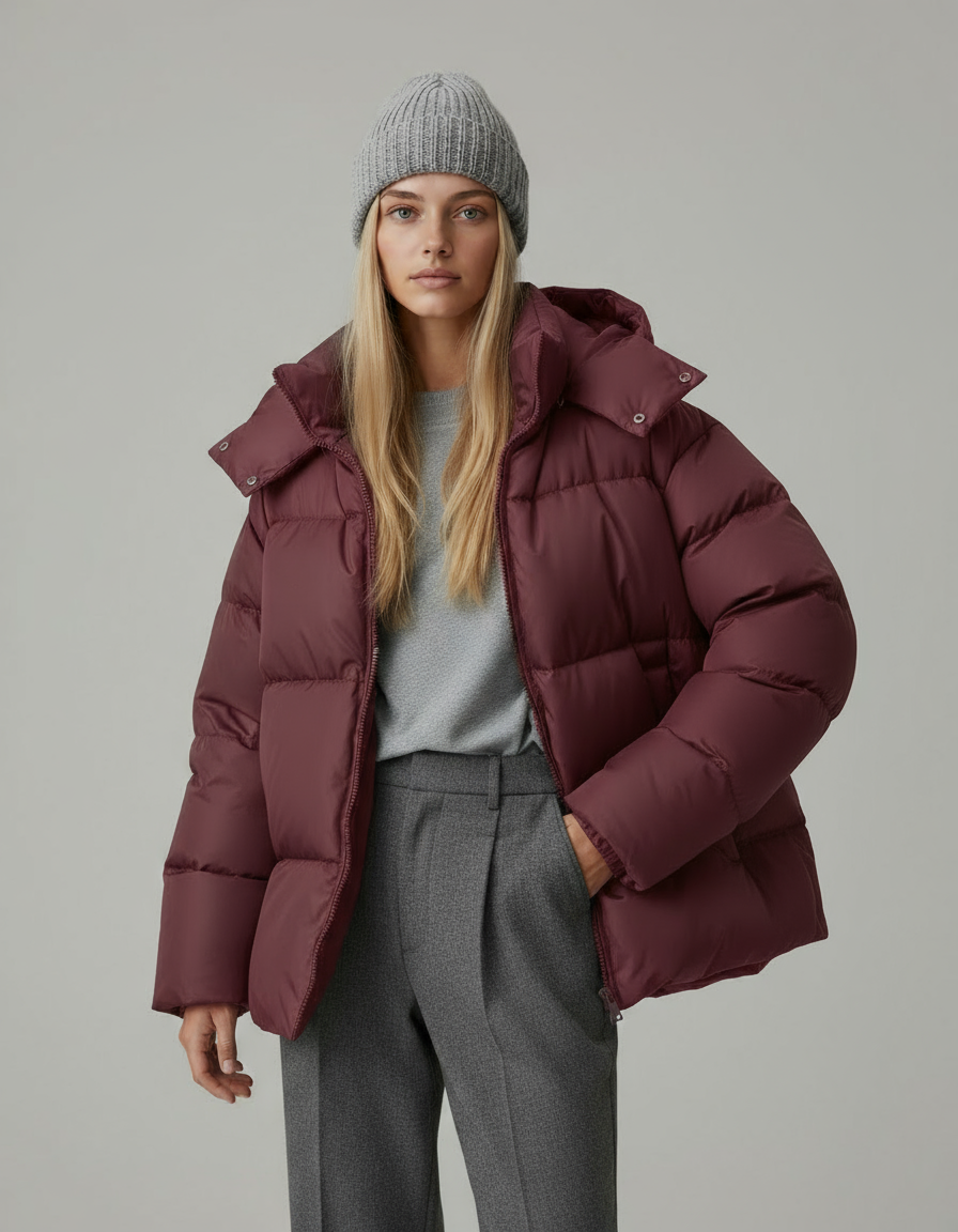 Kurtka Puchowa Damska | Oversize z Kapturem i Pikowanym Wzorem