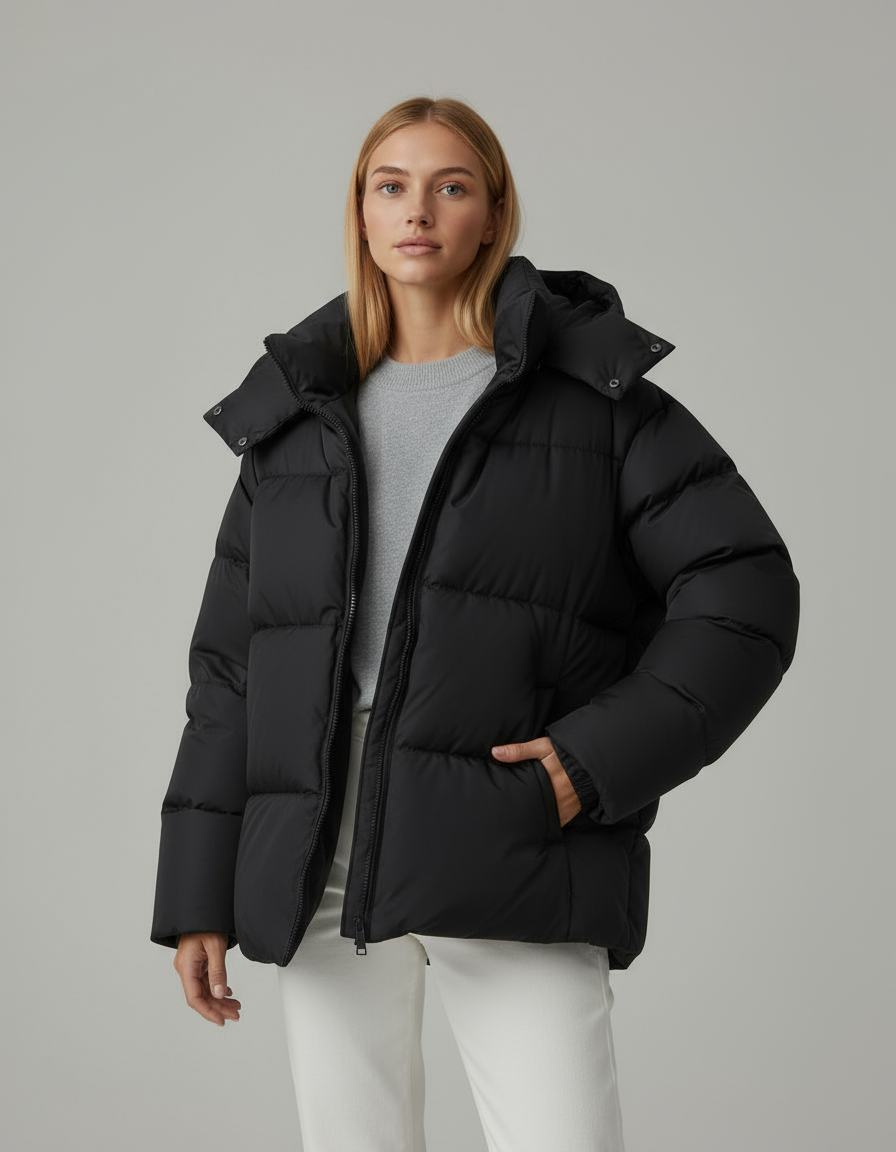 Kurtka Puchowa Damska | Oversize z Kapturem i Pikowanym Wzorem