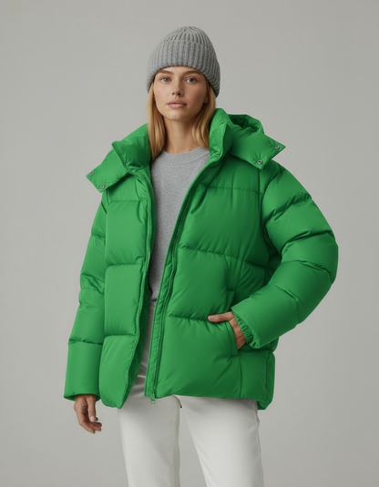 Kurtka Puchowa Damska | Oversize z Kapturem i Pikowanym Wzorem