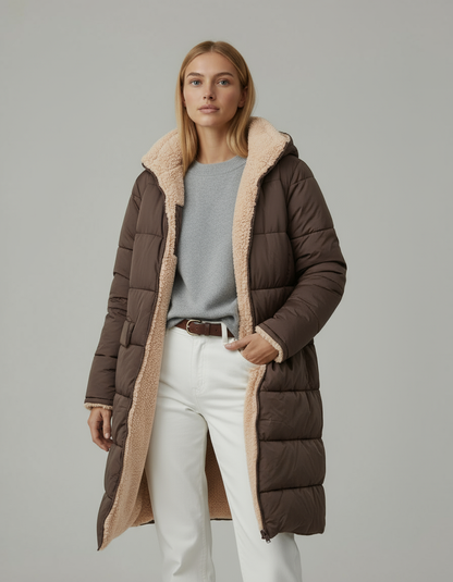 Damska długa kurtka pikowana z kapturem | Zimowa
