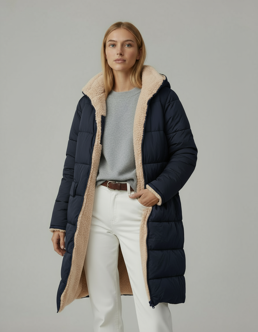 Damska długa kurtka pikowana z kapturem | Zimowa