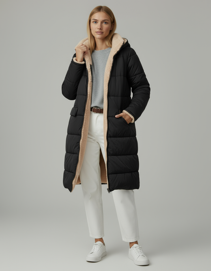 Damska długa kurtka pikowana z kapturem | Zimowa