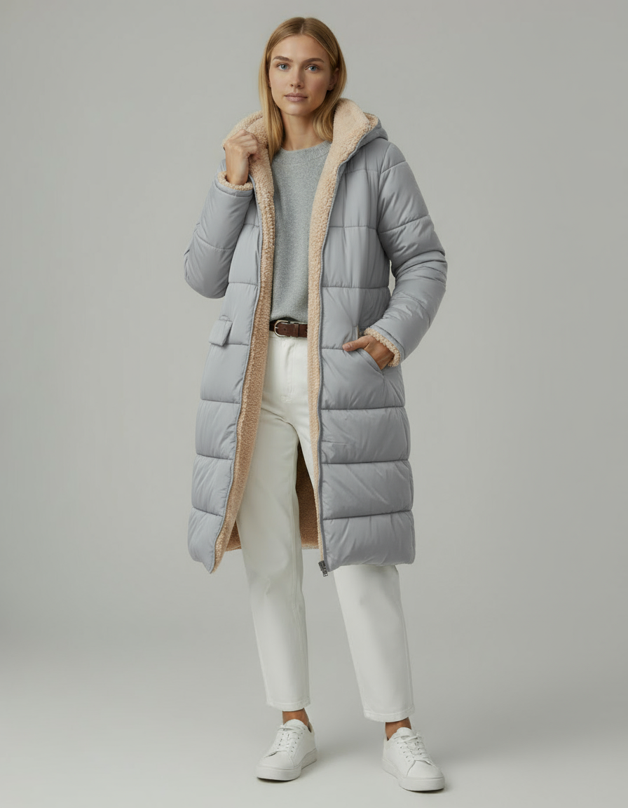 Damska długa kurtka pikowana z kapturem | Zimowa