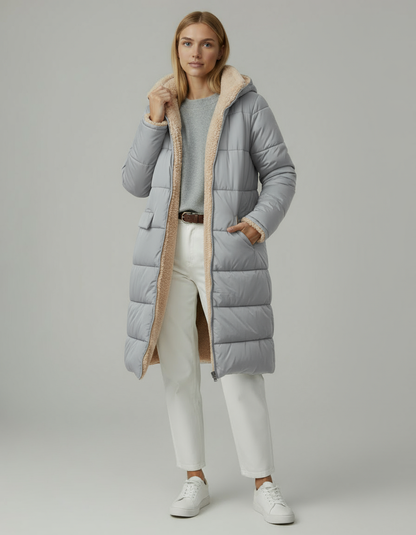 Damska długa kurtka pikowana z kapturem | Zimowa