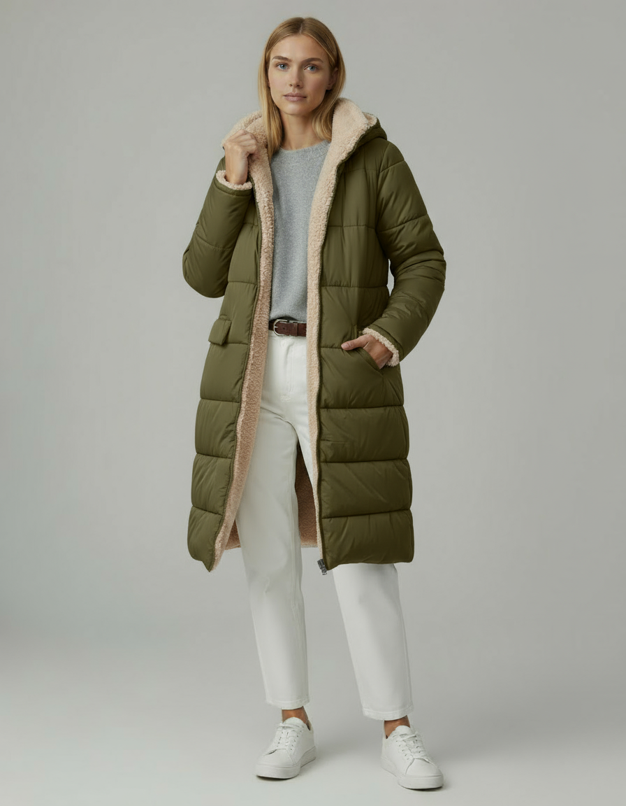 Damska długa kurtka pikowana z kapturem | Zimowa