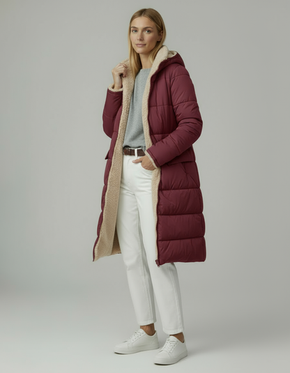 Damska długa kurtka pikowana z kapturem | Zimowa