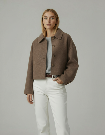 Kurtka damska wełniana krótka | Brązowy płaszcz z kołnierzem i guzikami