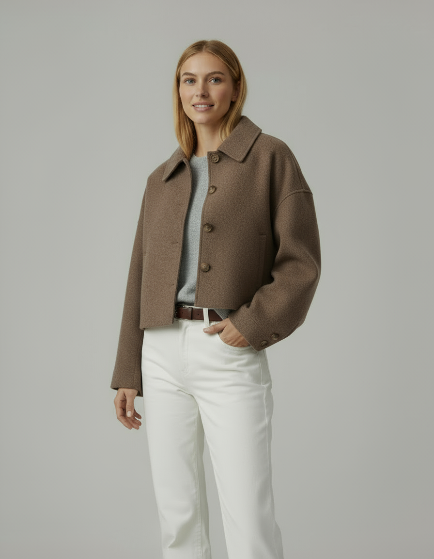 Kurtka damska wełniana krótka | Brązowy płaszcz z kołnierzem i guzikami