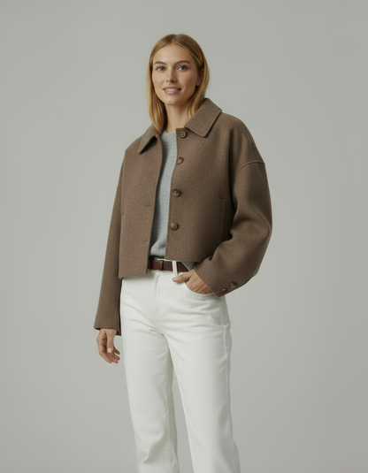 Kurtka damska wełniana krótka | Brązowy płaszcz z kołnierzem i guzikami