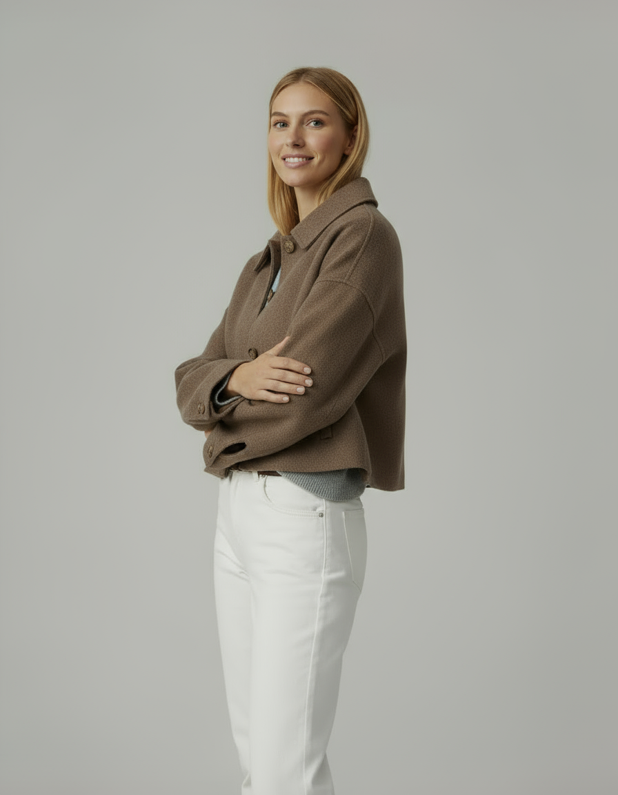 Kurtka damska wełniana krótka | Brązowy płaszcz z kołnierzem i guzikami