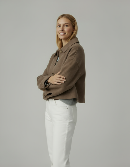 Kurtka damska wełniana krótka | Brązowy płaszcz z kołnierzem i guzikami