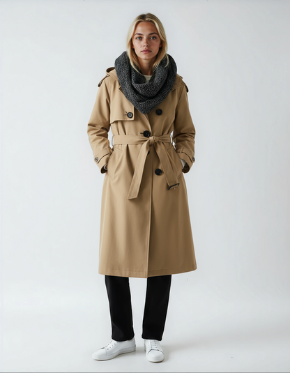 Płaszcz damski trench beżowy | Długa prosta kurtka z paskiem i klapami