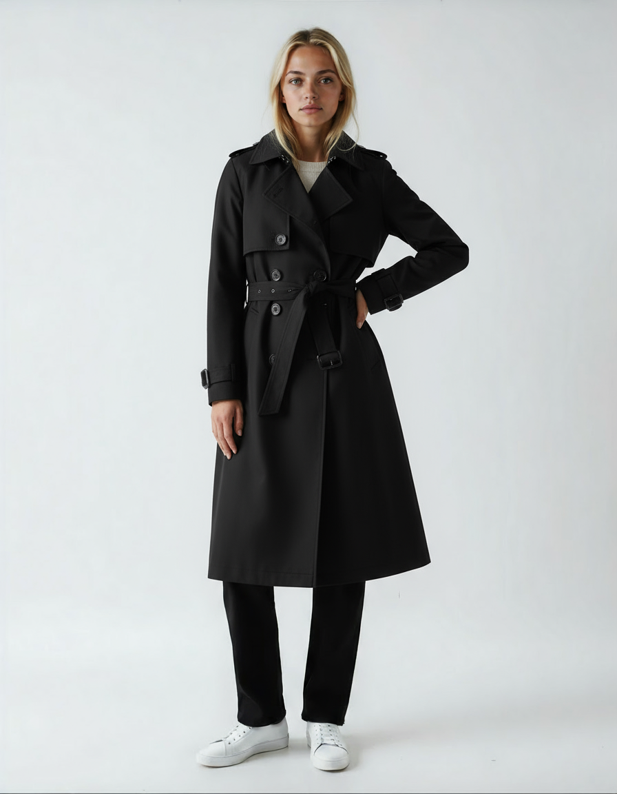 Płaszcz damski trench beżowy | Długa prosta kurtka z paskiem i klapami