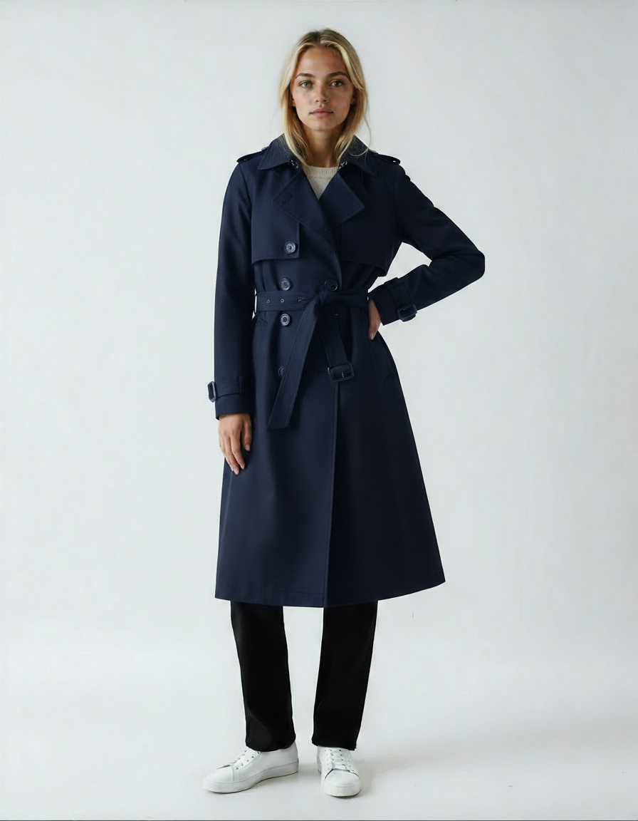 Płaszcz damski trench beżowy | Długa prosta kurtka z paskiem i klapami