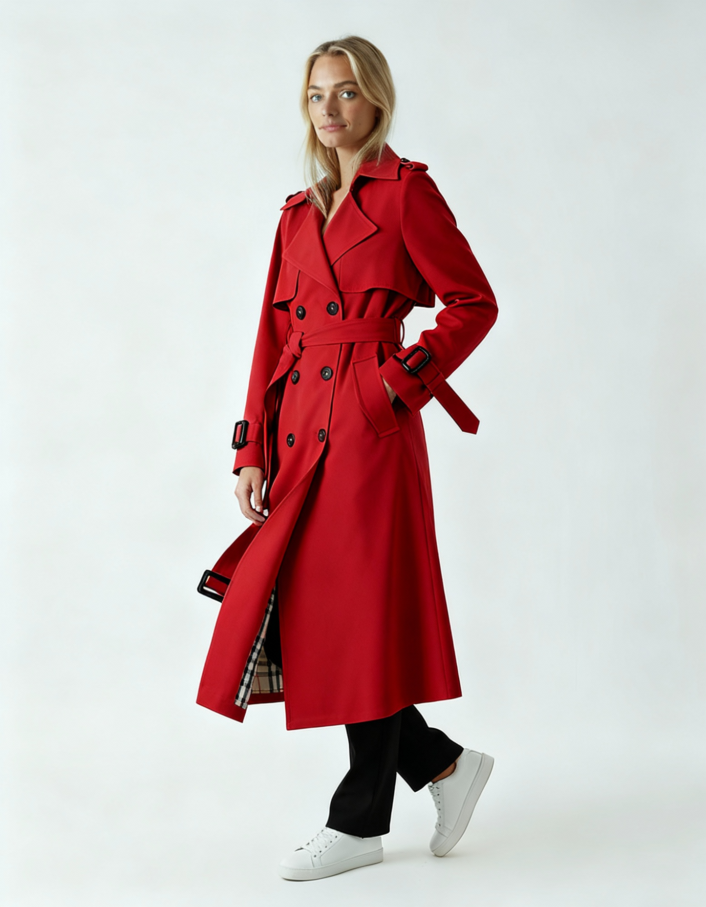 Płaszcz damski trench beżowy | Długa prosta kurtka z paskiem i klapami