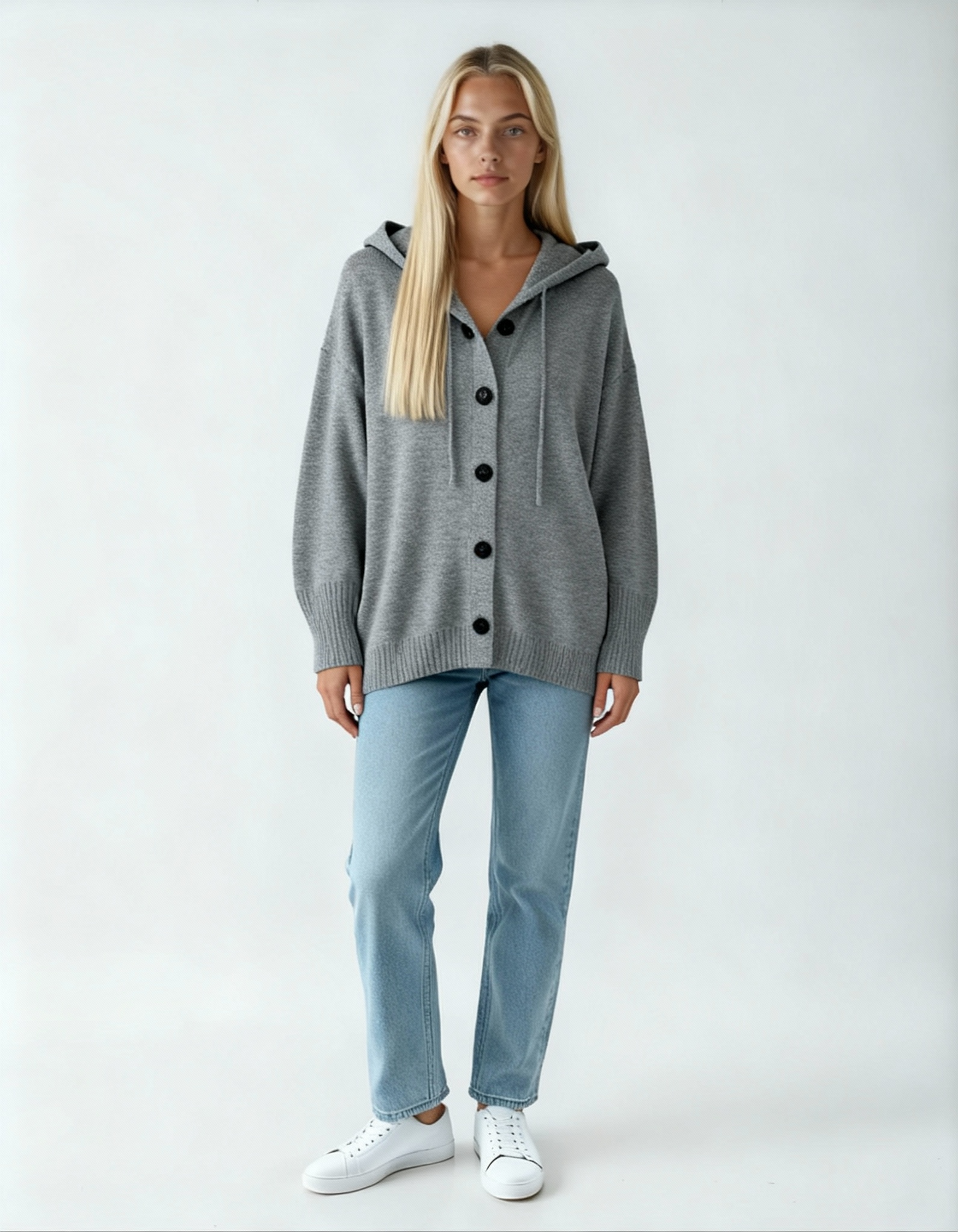 Sweter Damski z Kapturem | Luźny Kardigan z Guzikami w Stylu Casual