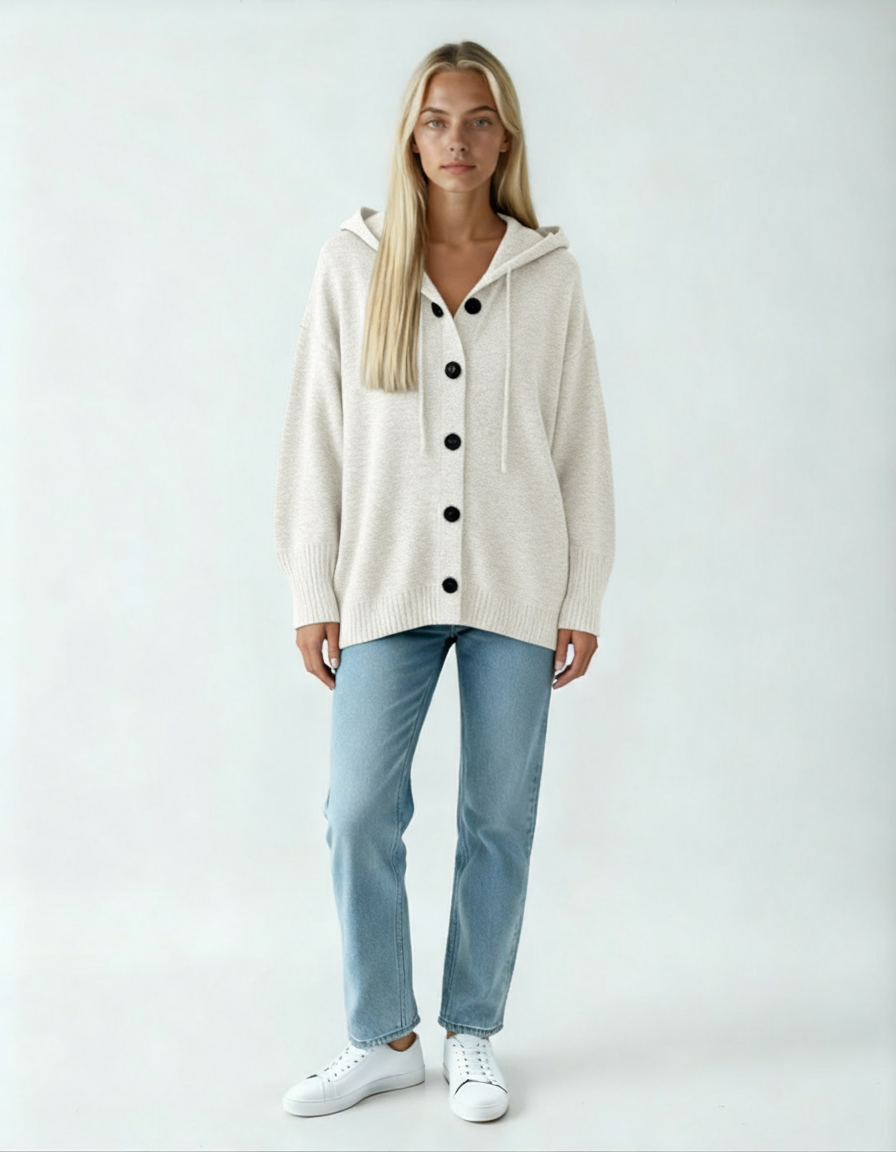 Sweter Damski z Kapturem | Luźny Kardigan z Guzikami w Stylu Casual