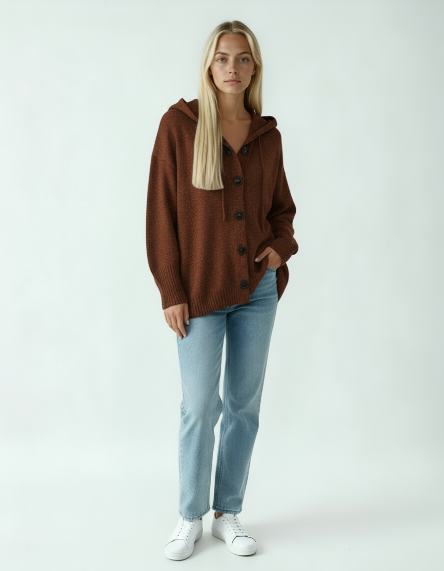Sweter Damski z Kapturem | Luźny Kardigan z Guzikami w Stylu Casual