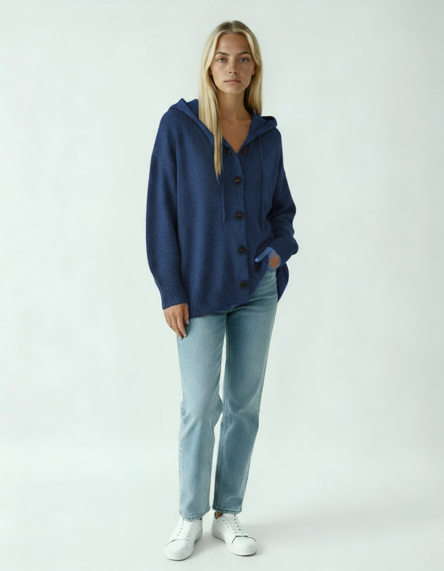 Sweter Damski z Kapturem | Luźny Kardigan z Guzikami w Stylu Casual