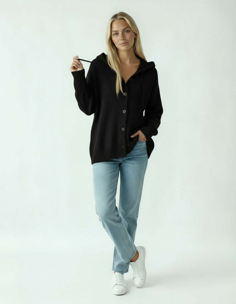 Sweter Damski z Kapturem | Luźny Kardigan z Guzikami w Stylu Casual