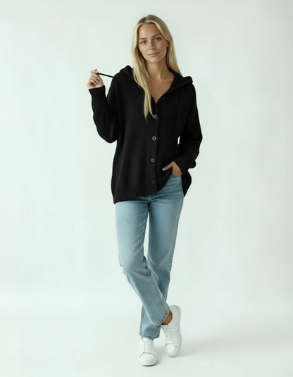 Sweter Damski z Kapturem | Luźny Kardigan z Guzikami w Stylu Casual