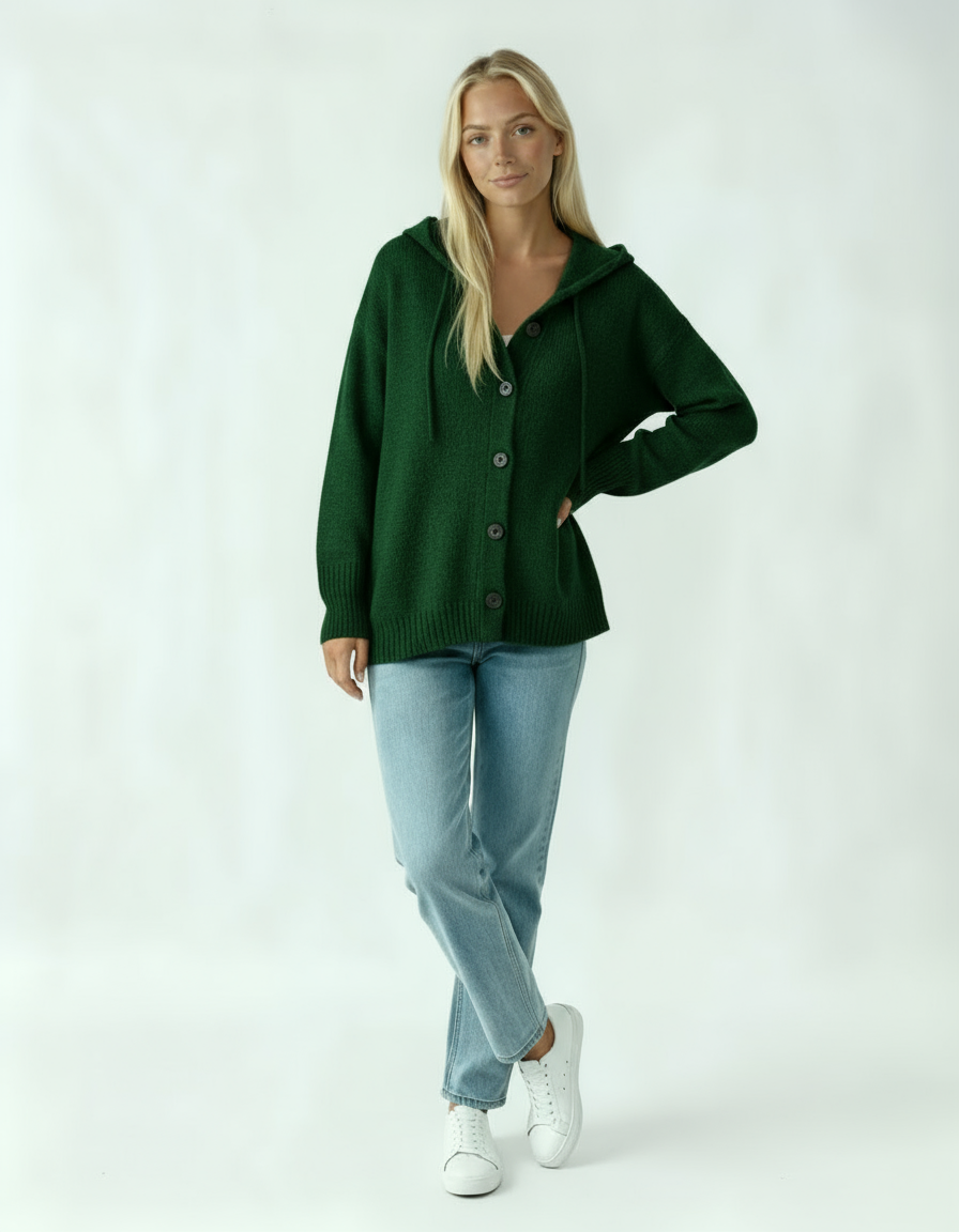 Sweter Damski z Kapturem | Luźny Kardigan z Guzikami w Stylu Casual