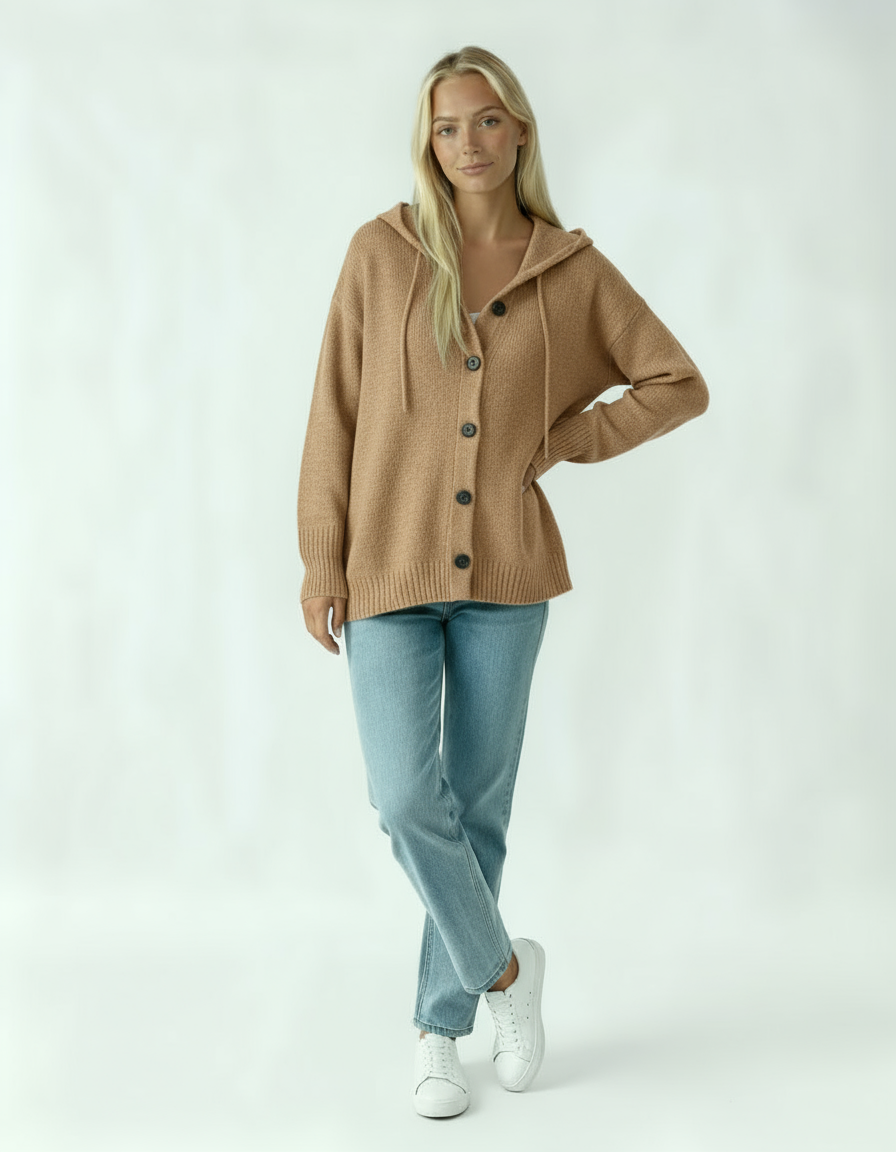 Sweter Damski z Kapturem | Luźny Kardigan z Guzikami w Stylu Casual