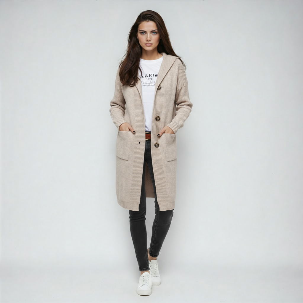 Damska Długi Kardigan z Guzikami | Z Kapturem