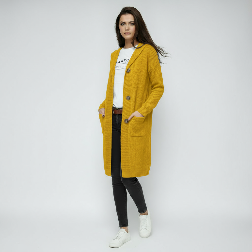 Damska Długi Kardigan z Guzikami | Z Kapturem