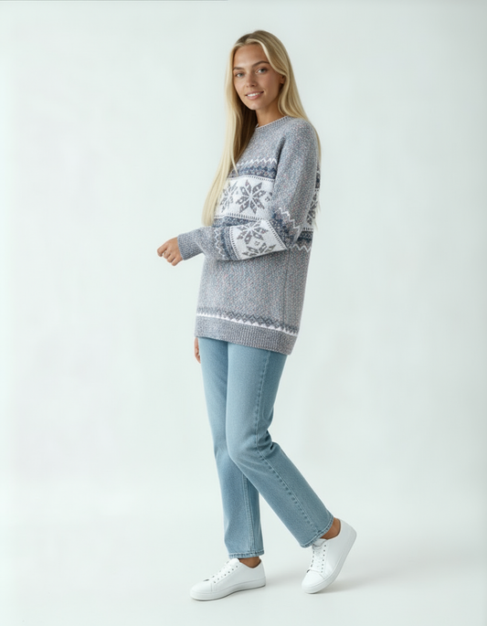 Sweter Damski z Wzorem Norweskim | Miękki Model z Okrągłym Dekoltem