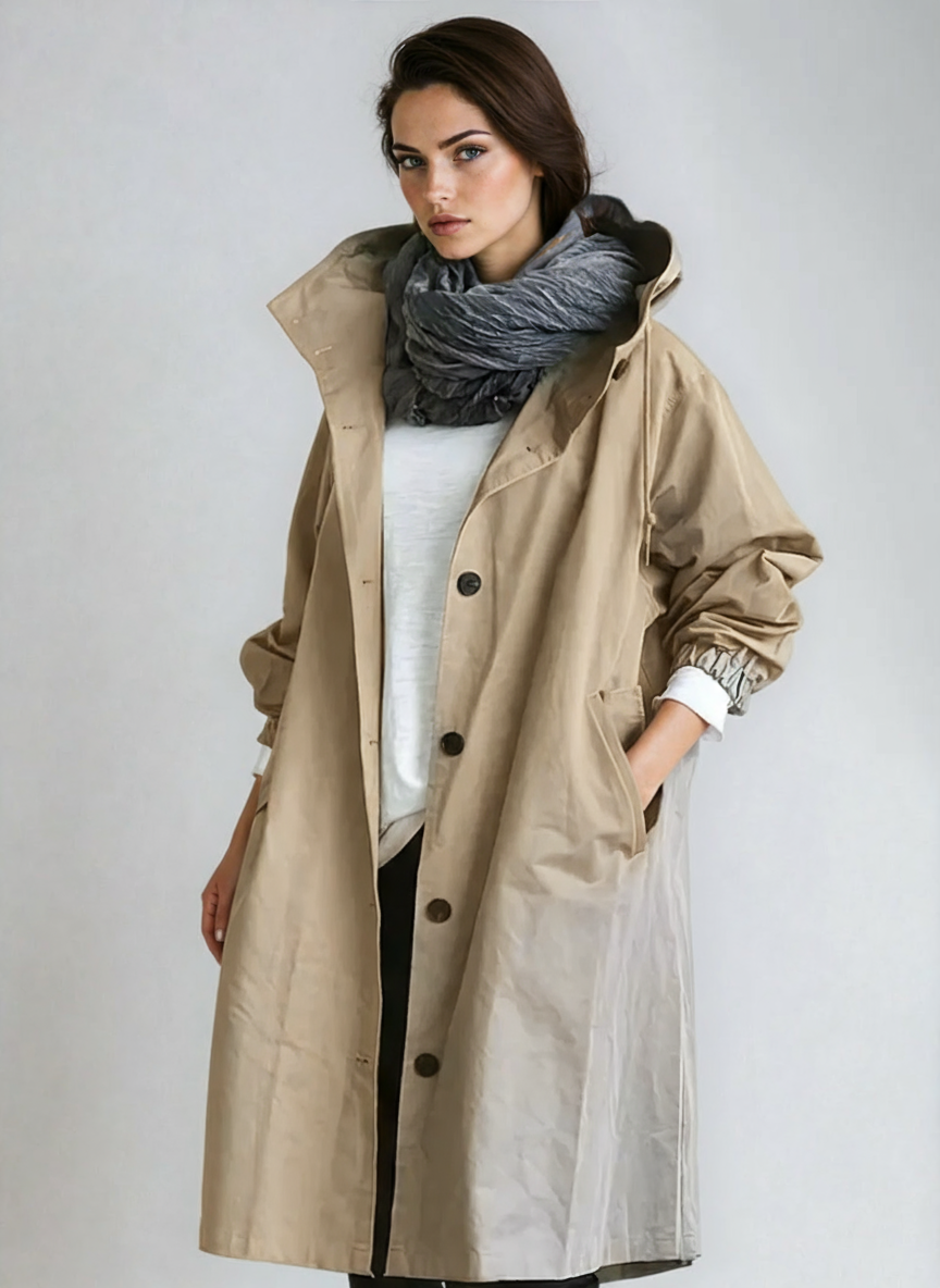 Płaszcz damski z kapturem | Długa kurtka przeciwdeszczowa z guzikami