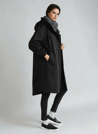 Płaszcz damski z kapturem | Długa kurtka przeciwdeszczowa z guzikami
