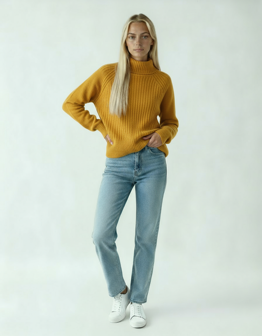 Sweter Damski z Golfem | Prążkowany Model w Stylu Klasycznym