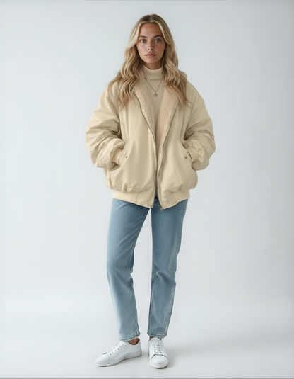 Kurtka Damska z Futerkiem | Oversize Bomber z Kołnierzem i Kieszeniami