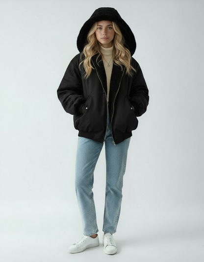 Kurtka Damska z Futerkiem | Oversize Bomber z Kołnierzem i Kieszeniami