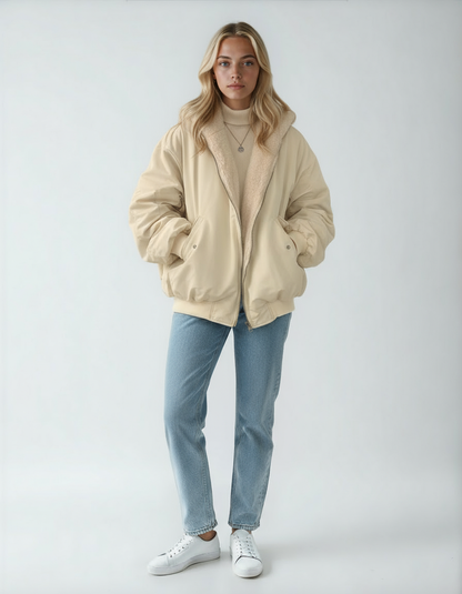 Kurtka Damska z Futerkiem | Oversize Bomber z Kołnierzem i Kieszeniami