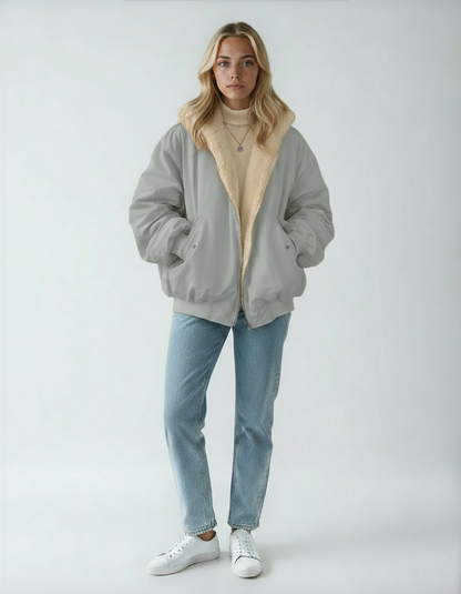 Kurtka Damska z Futerkiem | Oversize Bomber z Kołnierzem i Kieszeniami