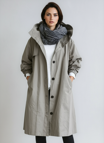 Płaszcz damski z kapturem | Długa kurtka przeciwdeszczowa z guzikami