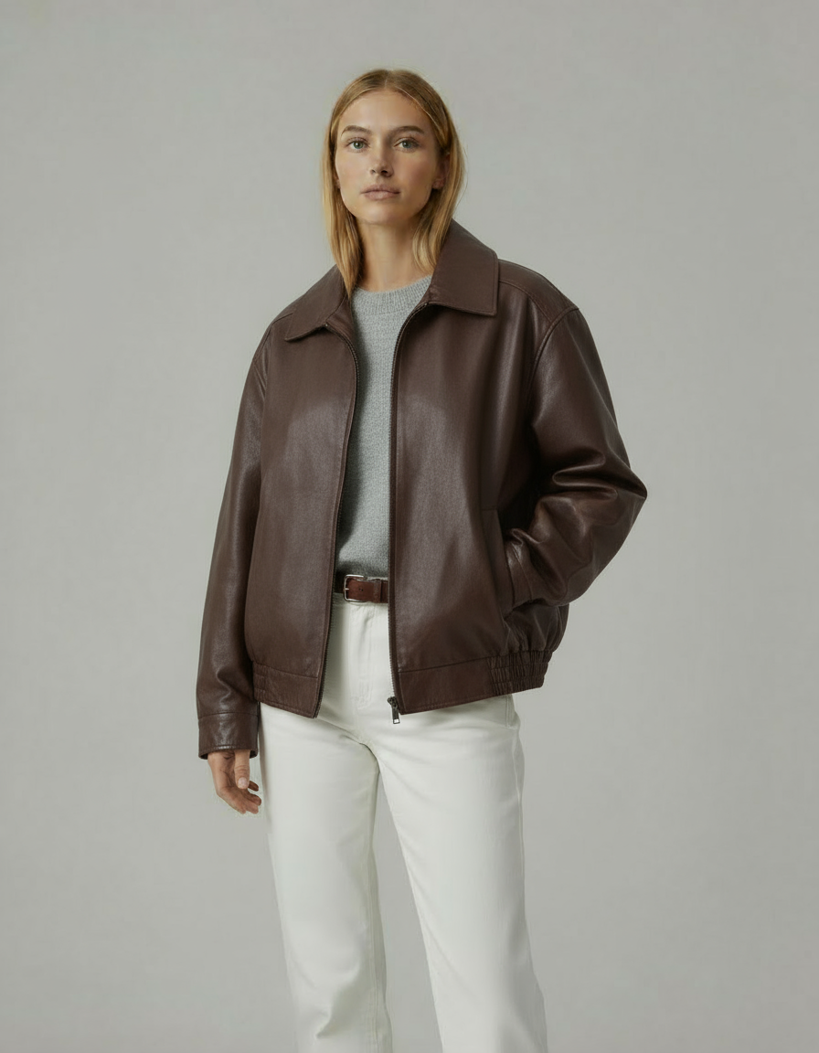 Kurtka skórzana damska oversize | Luźny fason z kołnierzem i błyszczącym wykończeniem