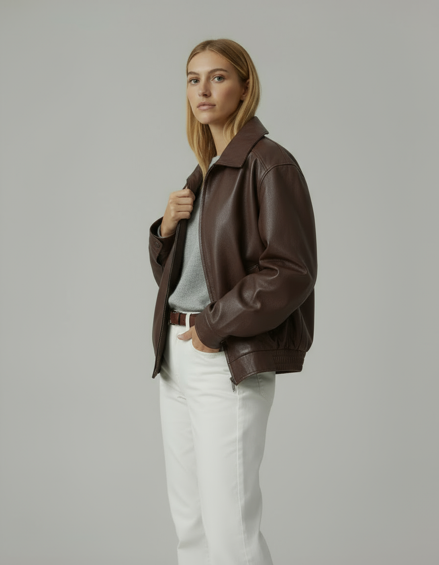 Kurtka skórzana damska oversize | Luźny fason z kołnierzem i błyszczącym wykończeniem