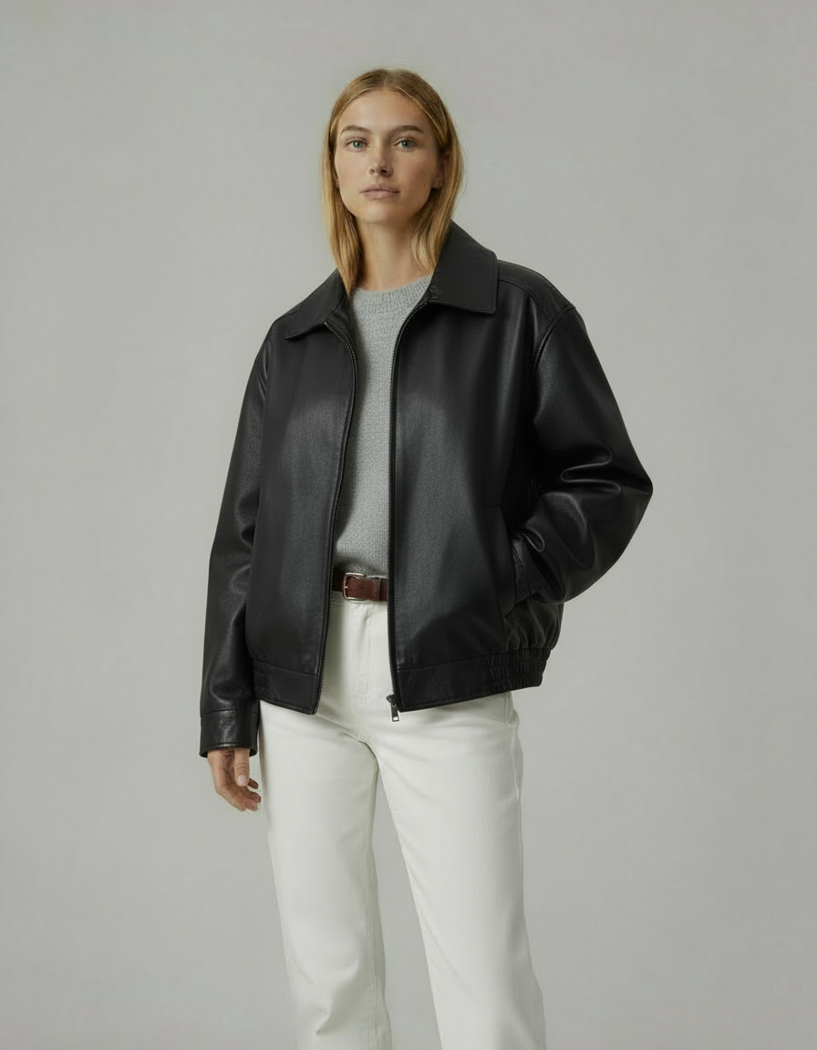 Kurtka skórzana damska oversize | Luźny fason z kołnierzem i błyszczącym wykończeniem