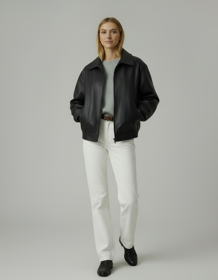 Kurtka skórzana damska oversize | Luźny fason z kołnierzem i błyszczącym wykończeniem